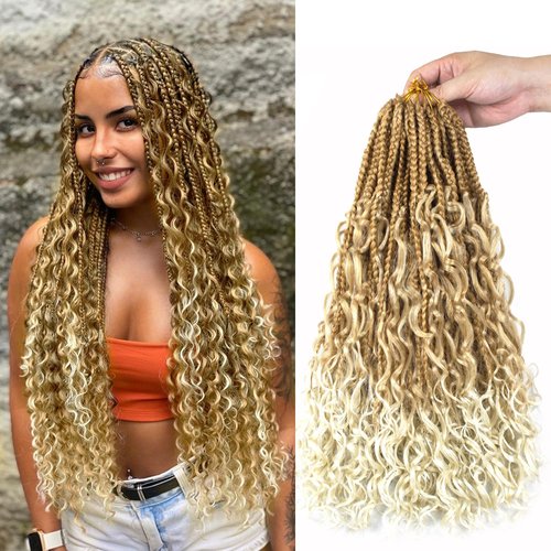 9 Pack Boho Box Braids Crochet Hair - 18 Inch Pre-looped Goddess Box Braids Crochet Hair Bohemian Crochet Boho Crochet Braids With Curly Ends Synthetic Crochet Hair For Women（18 Inch,27/613)