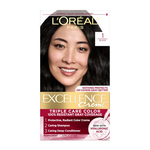 L'Oreal Paris Excellence Crème Permanent Hair Dye, Triple Care Hair Color with Hyaluronic Acid for 100% Gray Coverage, 1 Black, 1 Kit (Packaging May Vary)