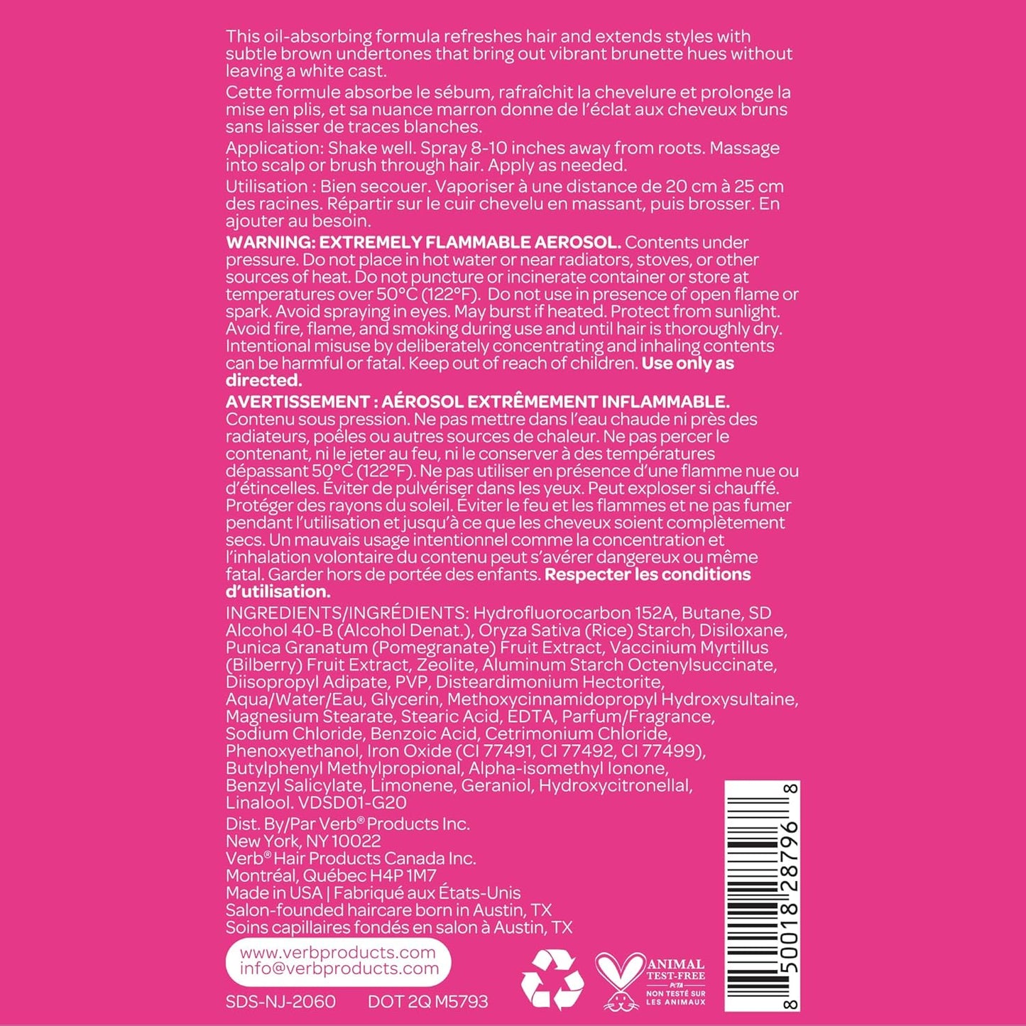 VERB Dry Shampoo Dark - Refreshing Oil Absorbing Spray for Dark Tones - Vegan, Paraben-Free Formula