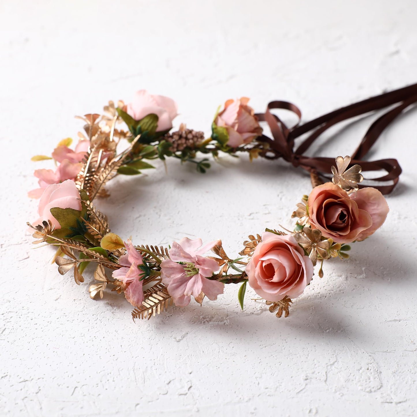 KorViSHOW Flower Crown Women Girls - Golden Leaves Cinnamon Pink Flower Headband Lovely Sweet Hair Wreath for Bridal Maternity Wedding Party Trip Photo Prop