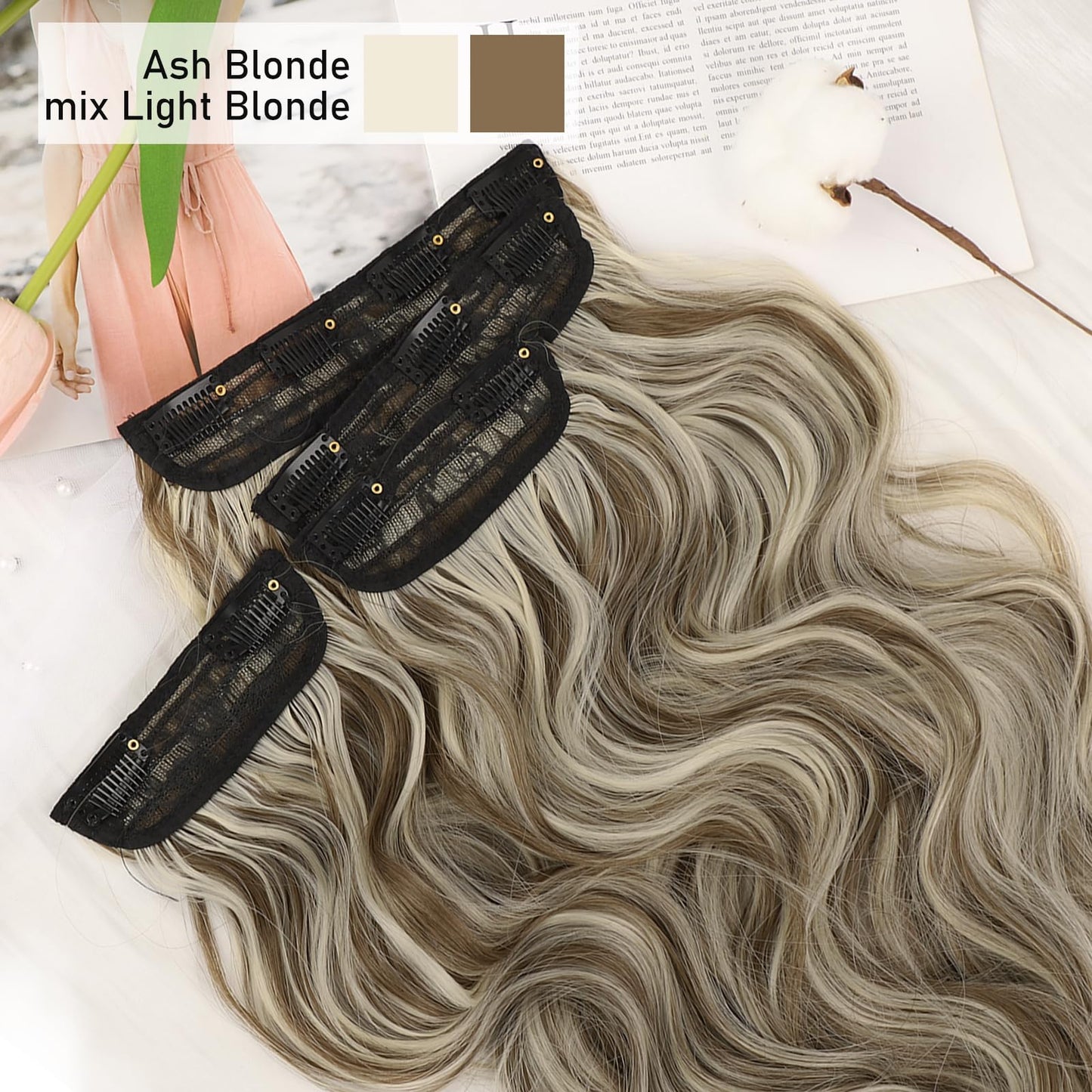 QGZ Clip in Hair Extensions for Women 4 PCS Set of Thick, Synthetic Long Wavy Hairpieces 20 Inch Light Brown mix Natural Blonde