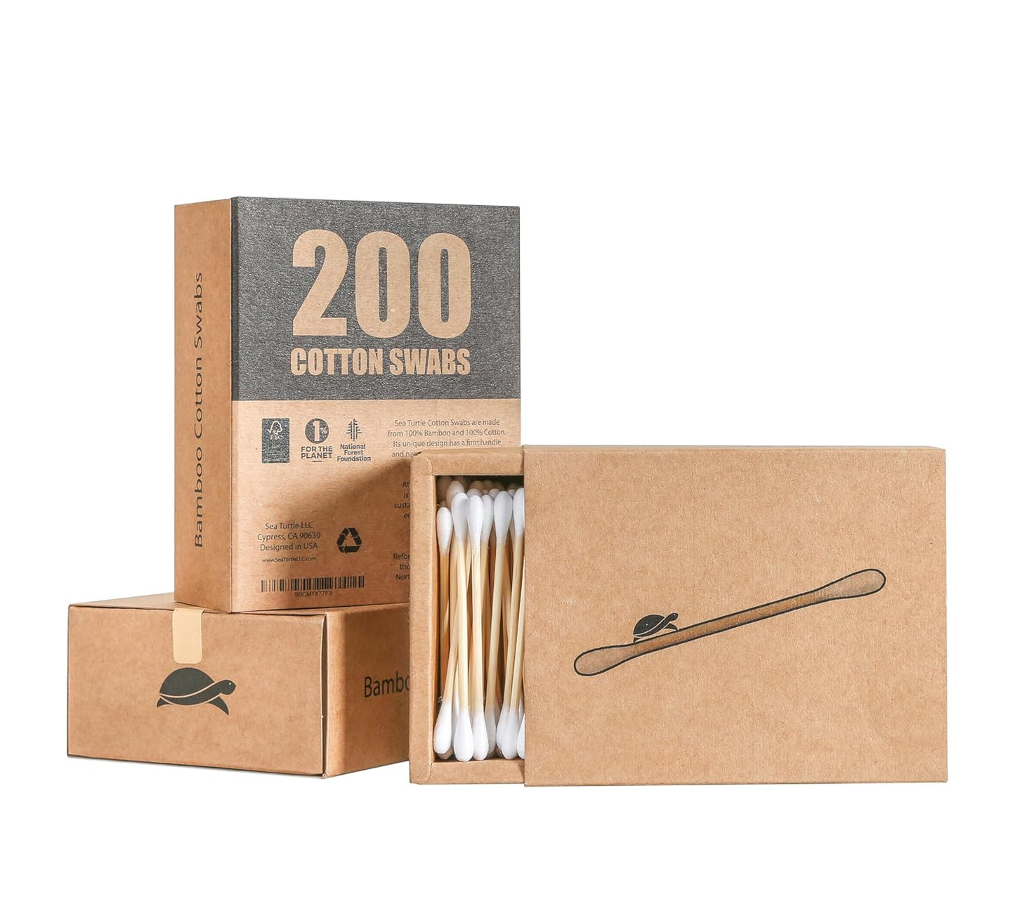 Sea Turtle Bamboo Cotton Swabs - Eco-Friendly, Vegan, 200 Count, Double-Tipped, 100% Biodegradable