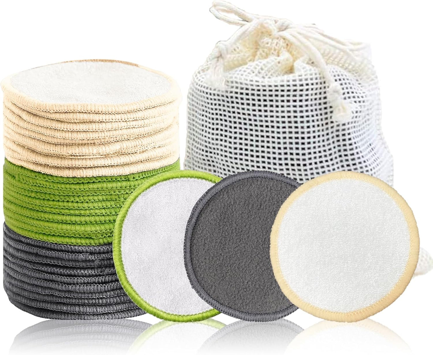Skiennix Reusable Makeup Remover Pads - 30 Soft Bamboo Cotton Rounds for Skincare & Cleansing | Washable with Mesh Bag