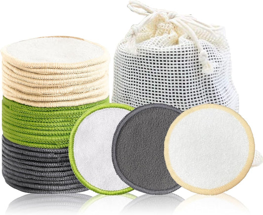 Skiennix Reusable Makeup Remover Pads - 30 Soft Bamboo Cotton Rounds for Skincare & Cleansing | Washable with Mesh Bag