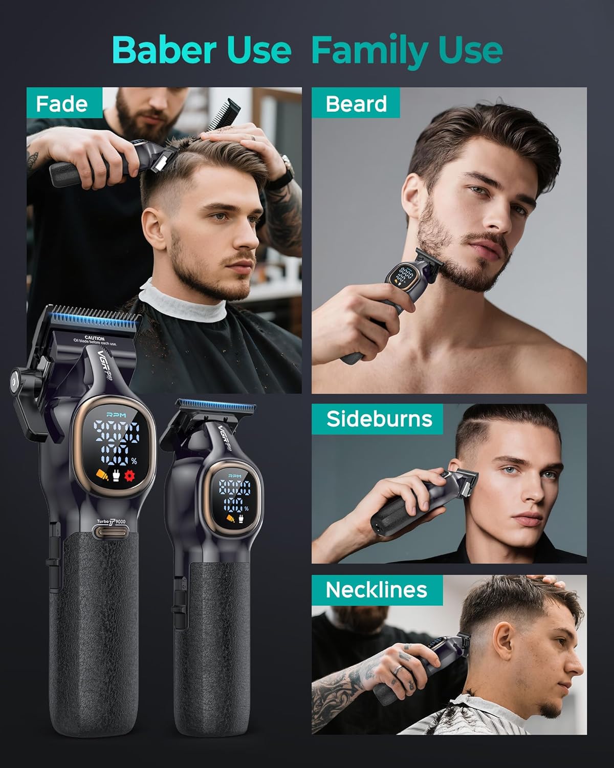 Skiennix Professional Hair Clippers - Cordless Barber Trimmer Set with 9000 RPM Power | Black