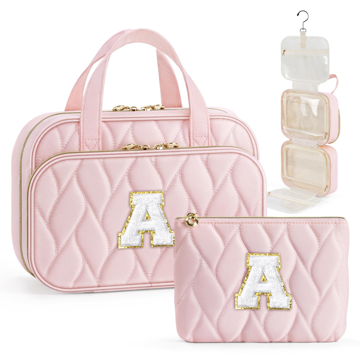 YOOLIFE Hanging Toiletry Bag Makeup Bag for Women Girls, Initial Toiletry Bag Cosmetic Bag, Personalized Birthday Gifts for Women Teen Girls Letter Pink A