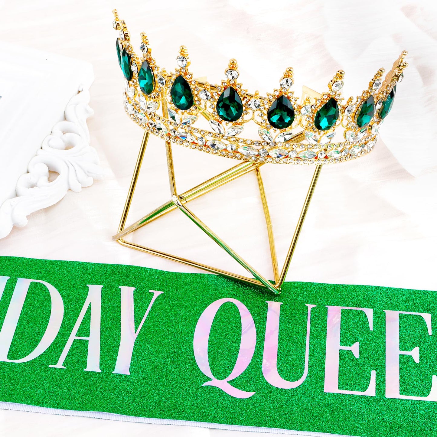 Vovii Birthday Crown & Sash Set for Women, Green Tiara & Birthday Queen Sash for Women Birthday Decorations, Happy Birthday Party Decorations for Birthday Crown Adult Woman