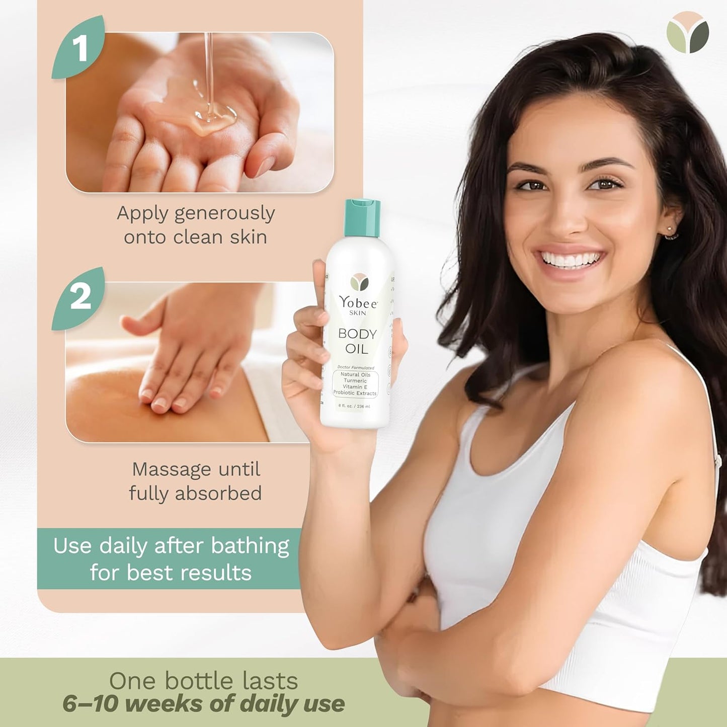 Yobee Probiotic Body Oil - Deeply Moisturizing for Dry, Itchy Skin | Natural Five-Oil Blend with Turmeric, 8oz