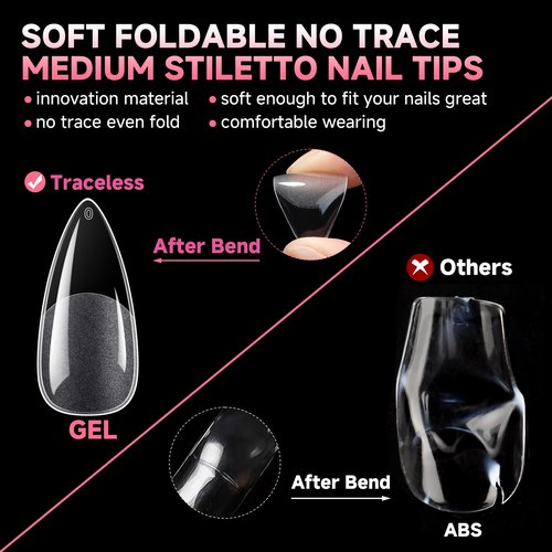 UNA GELLA Medium Stiletto Nails Tips,504Pcs Press-on Nails Stiletto Clear Gel Nail Tips, Full Cover Pre-Etched Fake Acrylic Nails, Sturdy for Nail Extensions Home Art Salon 12 Sizes