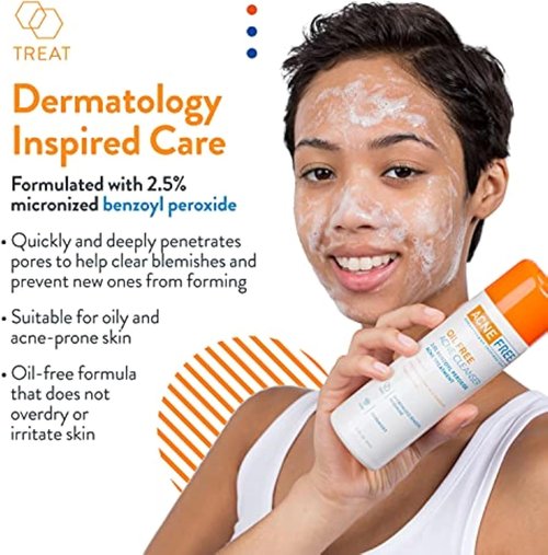 AcneFree Oil-Free Cleanser - Benzoyl Peroxide 2.5% & Glycolic Acid for Breakouts | Unscented, 8 Fl Oz