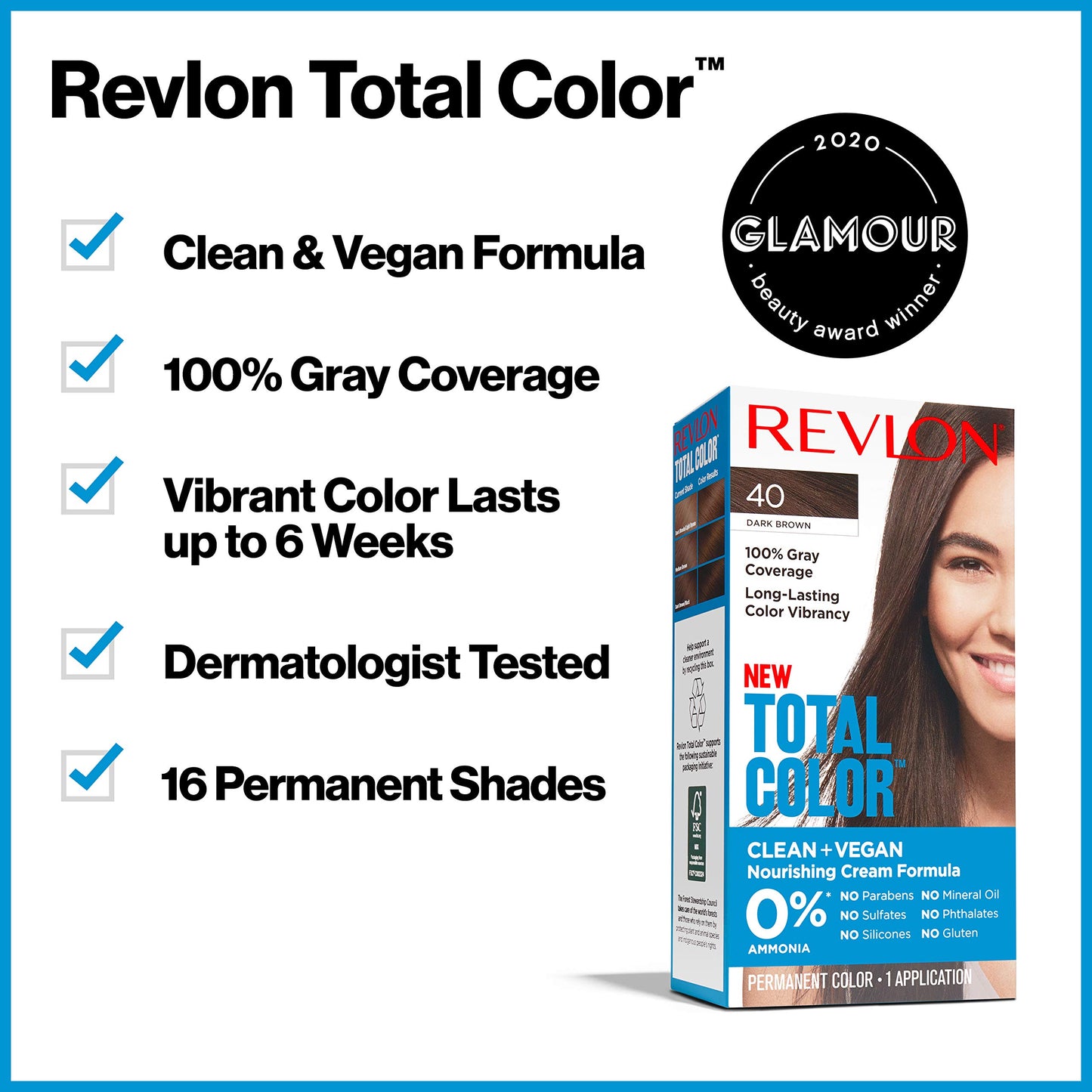 Revlon Permanent Hair Color, Permanent Hair Dye, Total Color with 100% Gray Coverage, Clean & Vegan, 10 Black, 10.2 Oz