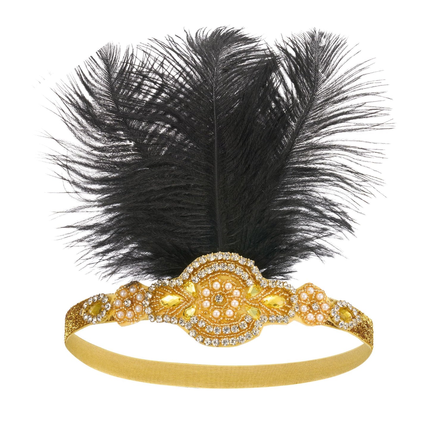 SWEETV 1920s Headpiece Flapper Headband, Feather Rhinestone Roaring 20s Great Gatsby Hair Accessories for Women,Yellow