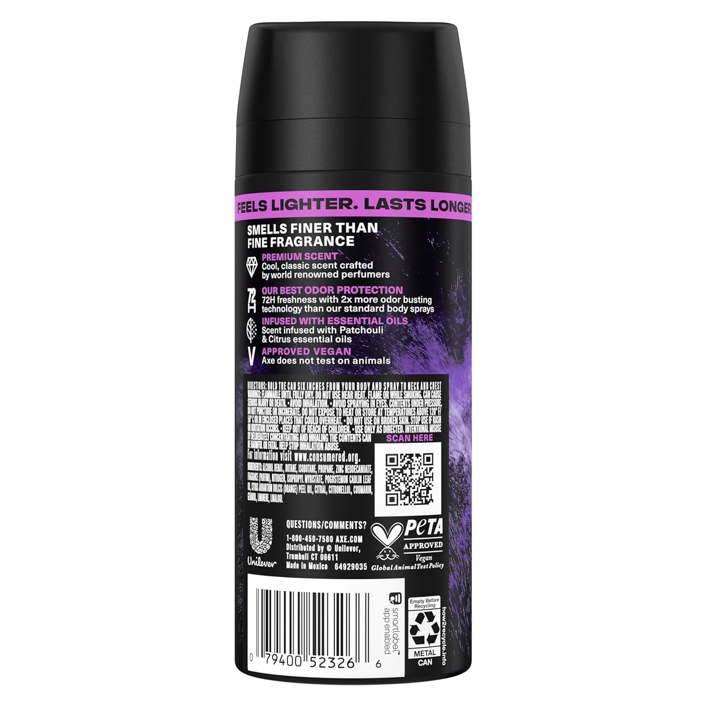 AXE Fine Fragrance Collection Body Spray - Purple Patchouli | 72-Hour Freshness, Aluminum-Free, 2.9 oz