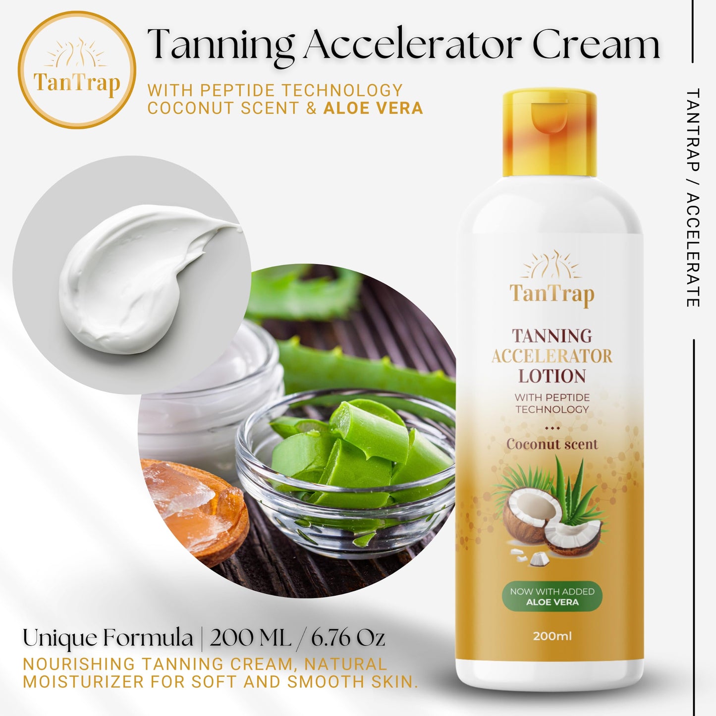 Peptide Tanning Accelerator Lotion (200 Ml) - Melanin Activating Peptides, Enriched With Aloe Vera, Lauric Acid And Vitamin E - Effective In Sunbeds & Outdoor Sun. SPF0 - Tantrap Tan Enhancer.