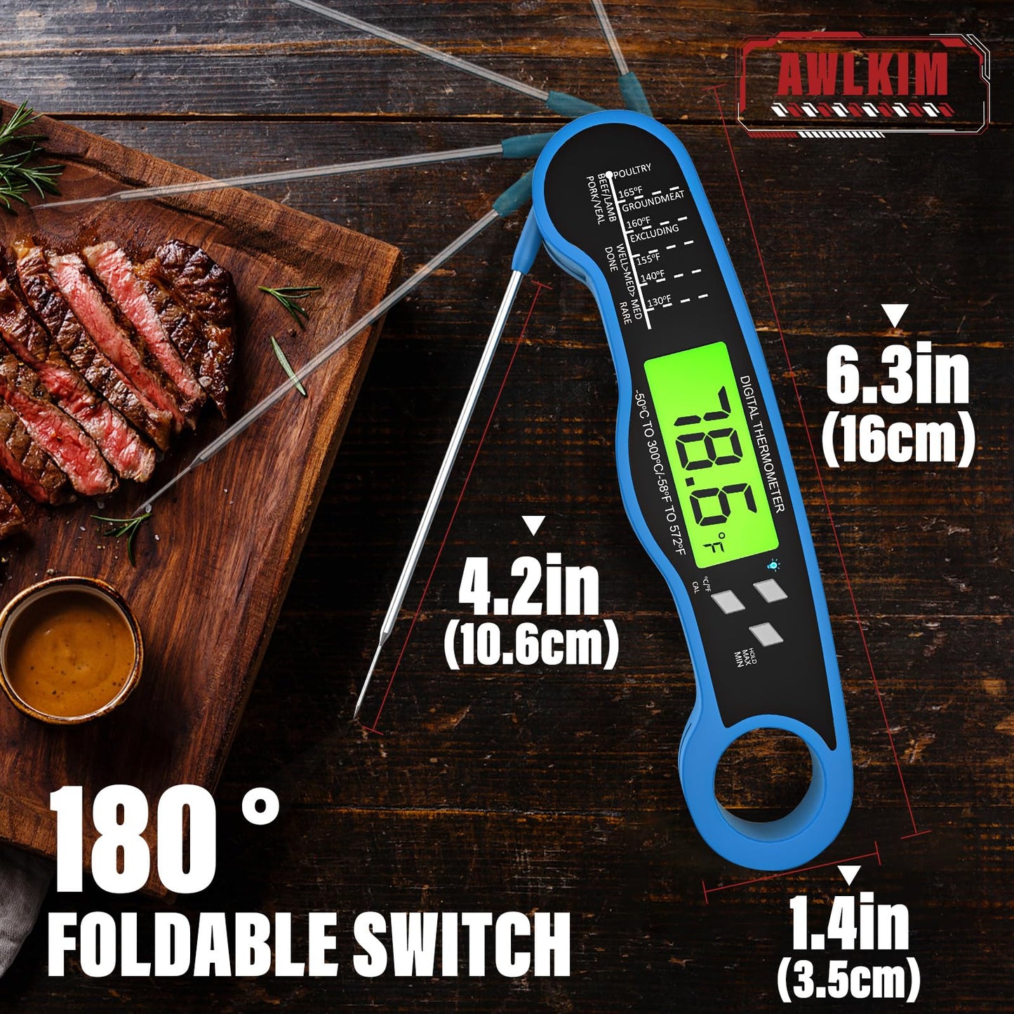 Fast Instant Read Meat Thermometer with Backlight - Waterproof Digital Food Probe for Grilling, Cooking, Baking & Candy Making - Kitchen & BBQ Essential(Black)