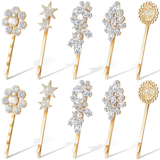 Waydress 10 Pcs Vintage Hair Pins for Women Vintage Rhinestone Bobby Pin Star Decorative Tone Hair Pins Hair Barrette Flower Leaf Feather Sunflower Hair Clips Metal Hair Accessories(Gold)