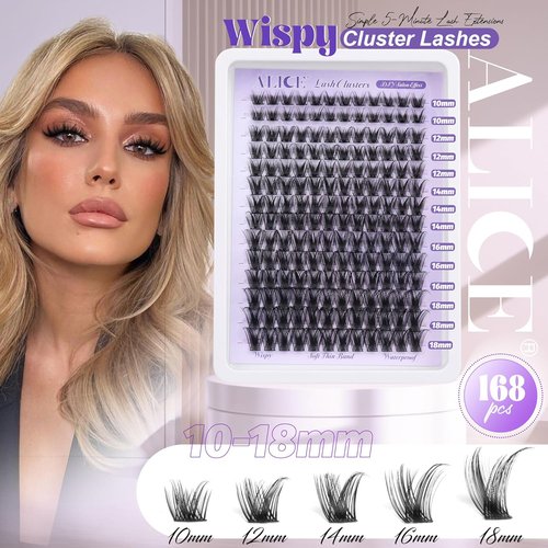 ALICE Lash Clusters - Wispy Eyelash Extensions for Natural Volume | 10-18mm, 168pcs, Soft Thin Band