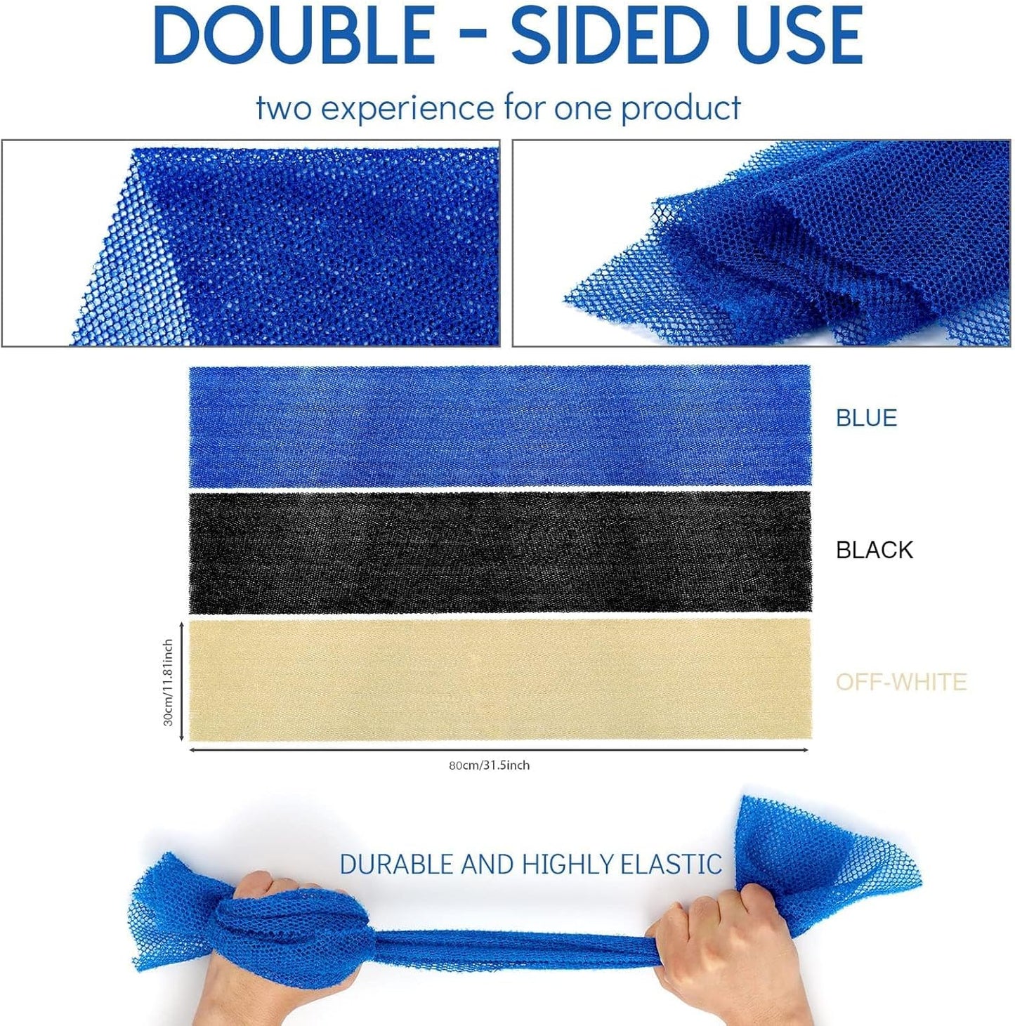 UJFQBH African Bath Sponge Set - Exfoliating Shower Body Scrubber | 3 Pieces in Blue, Black, Off-White