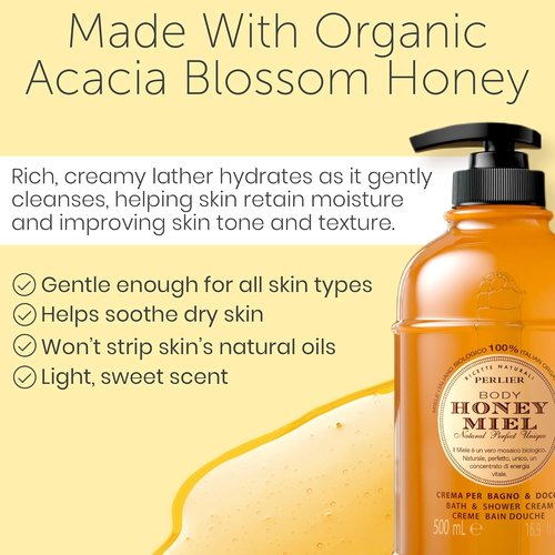 Perlier Sweet Honey Miel Shower & Bath Cream - Nourishing Luxury Cream with 100% Organic Italian Honey | 101.4 oz