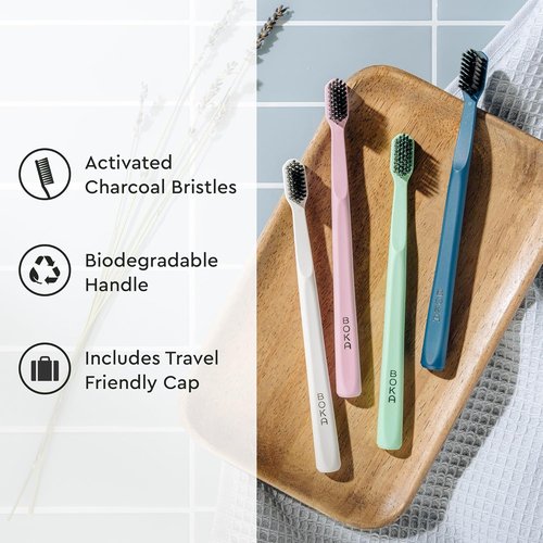 Boka Classic Manual Toothbrush - Extra Soft Activated Charcoal Bristles | Bioplastic Handle with Travel Cap, Multi-Color (Pack of 4)
