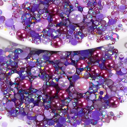 Purple Flatback Pearls and Rhinestones, Flatback Pearl Resin Rhinestone for Bedazzling, Purple Half Pearl Rhinestones for Crafting Nails Face Eyes Makeup Tumblers Bottles Crafts