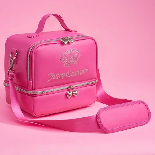 Juicy Couture Double Zip Lunch Tote Bag - Insulated Cooler with Adjustable Strap | Hot Pink Bling Crown Design