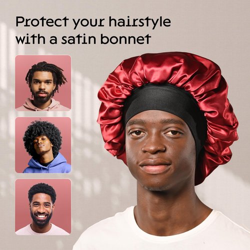 Niagara Satin Bonnet Men - Red Bonnet for Sleeping Men - Reversible Night Cap - Mens Bonnet for Curly Hair - Large Bonnet with Double Layer (Black/Red)
