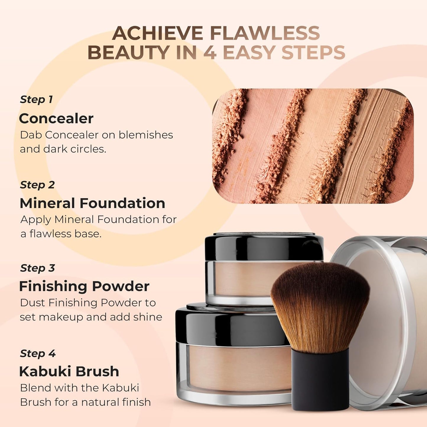 Skiennix 4pc Full Size Mineral Makeup Kit - Matte Translucent Foundation, Kabuki Brush & SPF 30 Concealer | Beige Shade