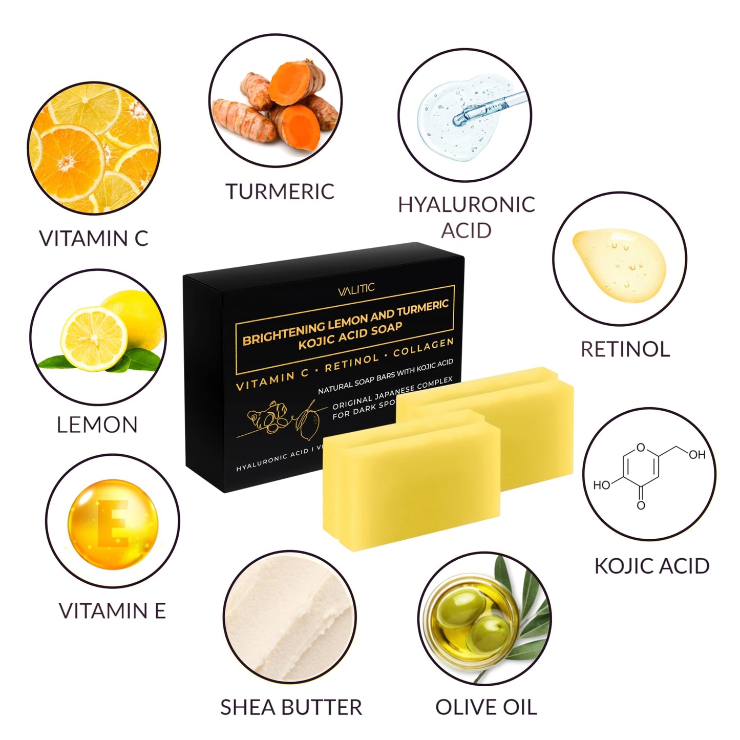 VALITIC Brightening Lemon & Turmeric Kojic Acid Soap with Vitamin C, Retinol, Collagen - Original Japanese Complex Infused with Hyaluronic Acid, Vitamin E, Shea Butter, Castile Olive Oil (4 Pack)