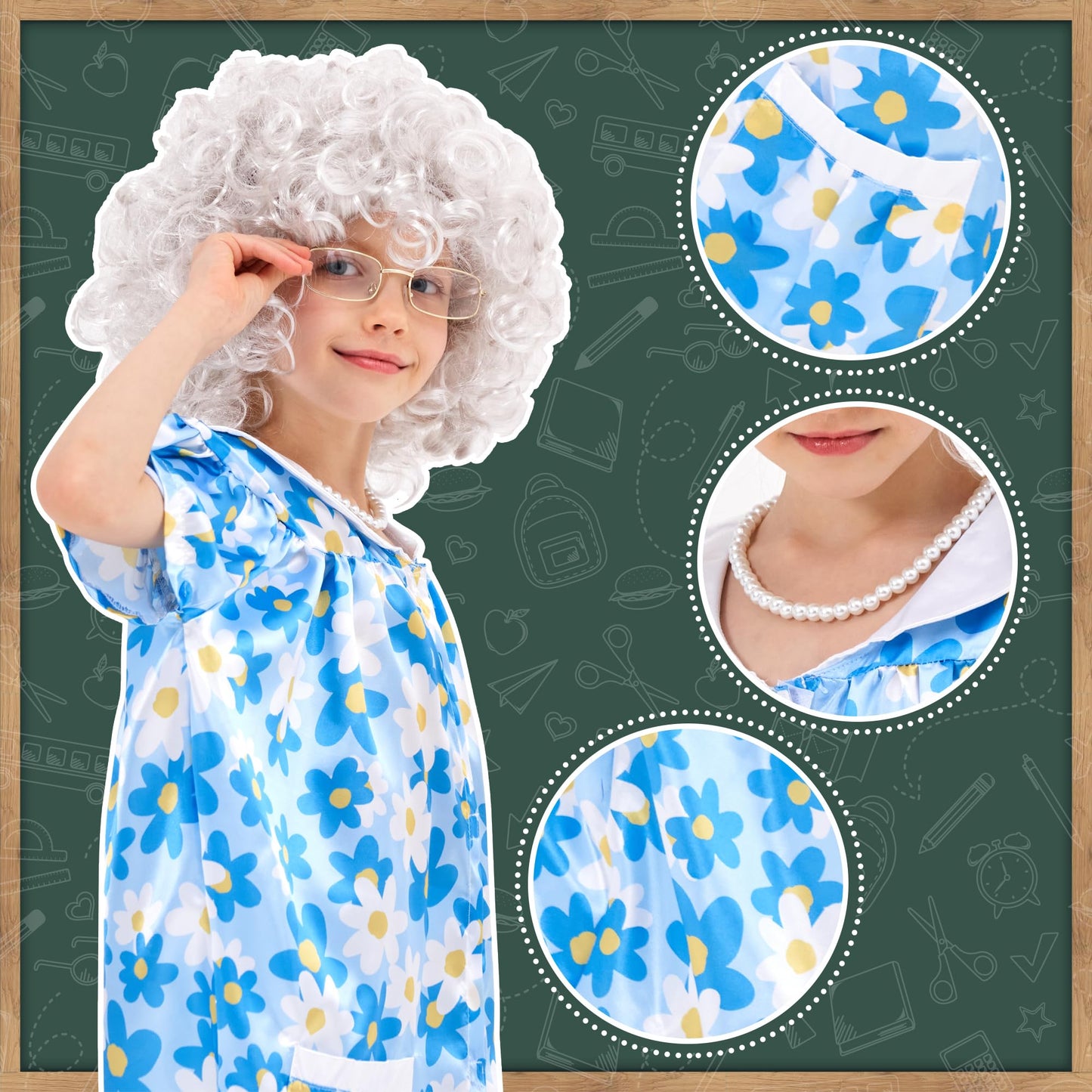 Joy Bang 100 Days of School Costume for Kids Girls, Old Lady Wig for Kids, Old Lady Costume, 100th Day of School Dress Up Cosplay, Pretend to be Grandma Costumes, XL