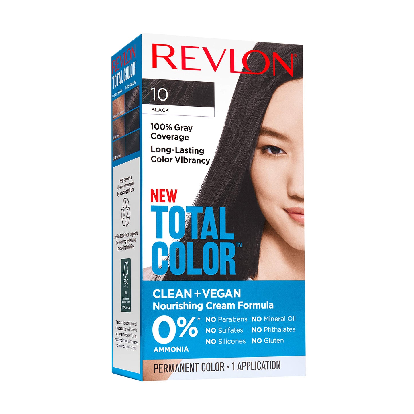 Revlon Permanent Hair Color, Permanent Hair Dye, Total Color with 100% Gray Coverage, Clean & Vegan, 10 Black, 10.2 Oz