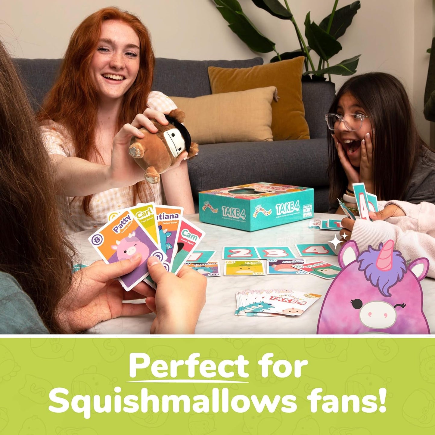 Squishmallows Take4 by Relatable, Exciting Games, Board Games and Card Games for Family Gatherings, Great for Kids Games, Includes 1 Exclusive Collectible Squishmallows, 84 Cards, and Instructions