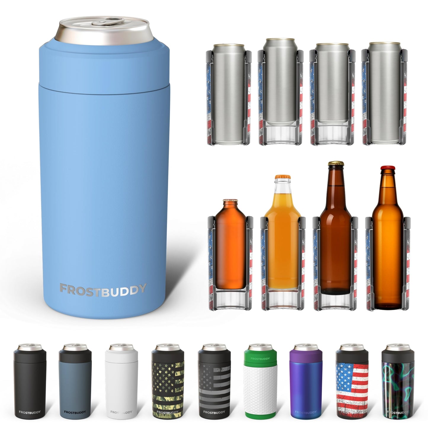 Frost Buddy Universal Buddy Can Cooler - Fits All - For Regular 12 & 16 oz or Slim-Size Bottles - Insulated Double -Walled Stainless Steel (All white)