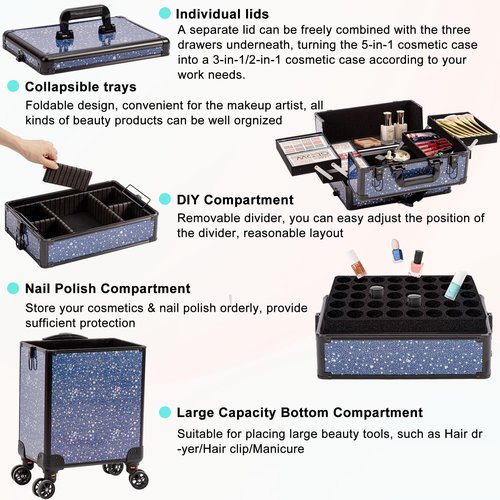 AROUS Rolling Makeup Train Case Large Storage Cosmetic Trolley 5 in 1 Large Capacity Trolley Makeup Travel Case with Key Swivel Wheels Salon Barber Case Traveling Cart Trunk, Black (Blue)