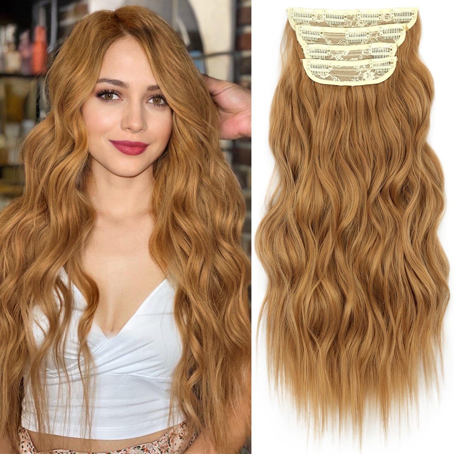 KooKaStyle Clip in Synthetic Hair Extensions Long Wavy 4PCS Thick Hairpieces Auburn Brown Fiber Double Weft Natural Hair Extensions 20 Inch for Women