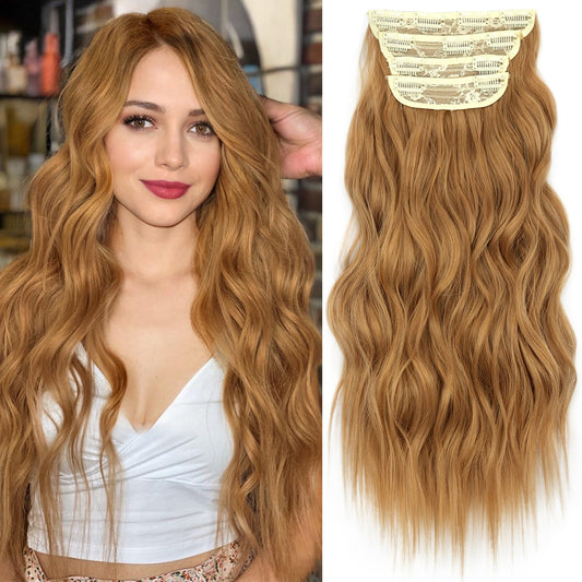 KooKaStyle Clip in Synthetic Hair Extensions Long Wavy 4PCS Thick Hairpieces Auburn Brown Fiber Double Weft Natural Hair Extensions 20 Inch for Women