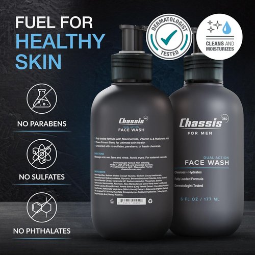 Chassis 360 Dual Action Face Wash - Hydrating Men's Cleanser with Niacinamide & Vitamin C | 6 Fl Oz