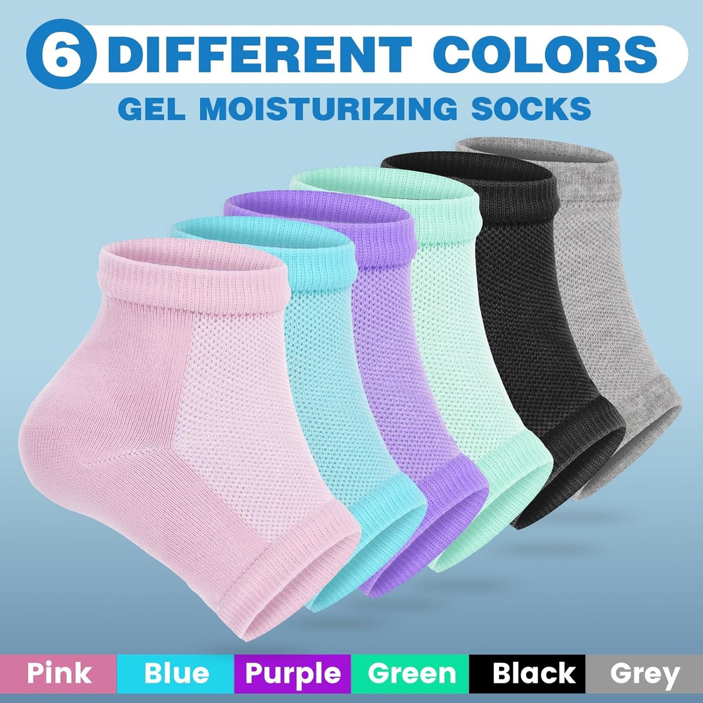 TEAWOO Moisturizing Heel Socks - 6 Pairs of Toeless Gel Socks for Hydrated, Soft Feet