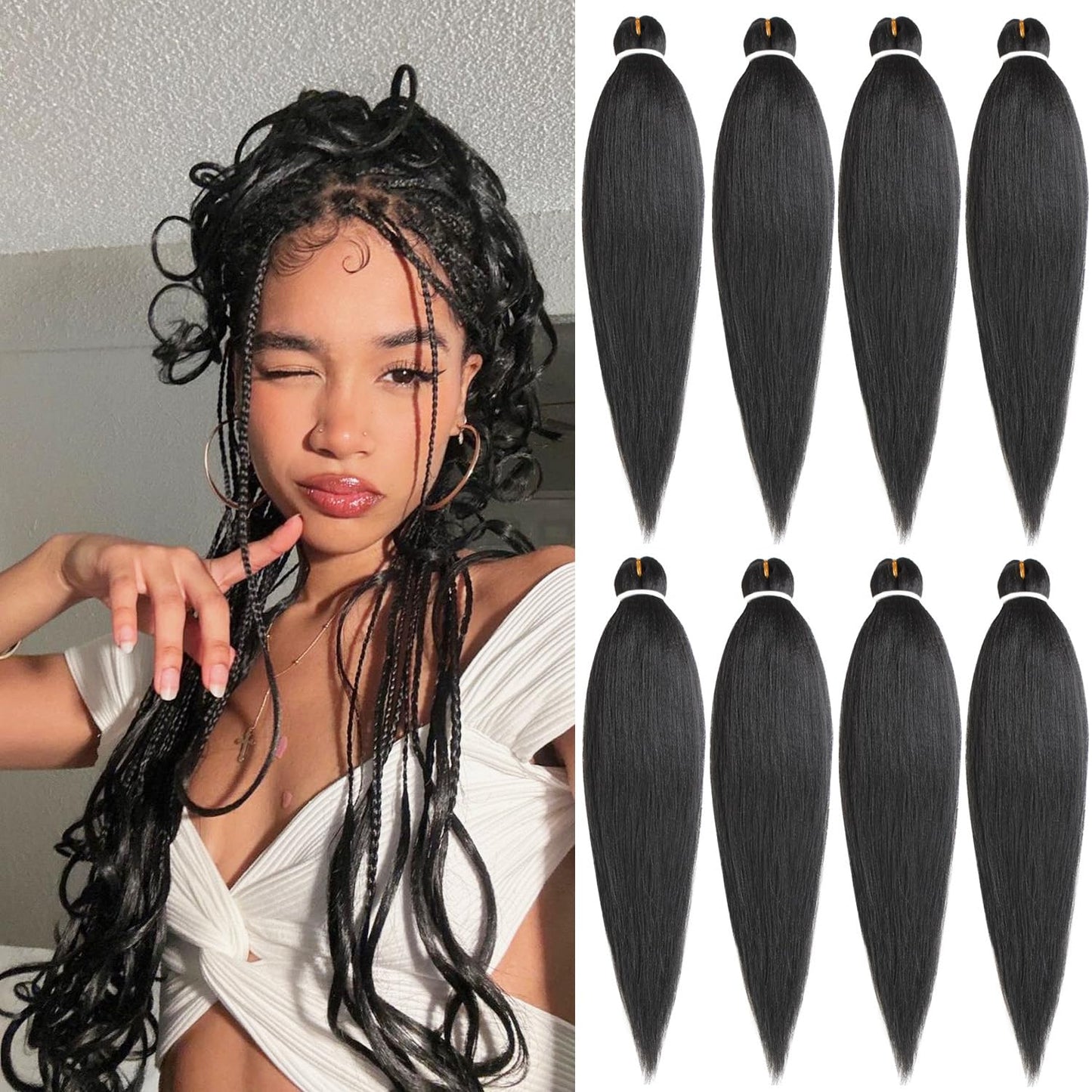 Leeven 8 Packs Black Braiding Hair 26 Inch Pre Streched Easy For Braiding Hair Yaki Texture Professional Braiding Hair Hot Water Setting Synthetic Hair Extension For Twist Braiding (1B#)