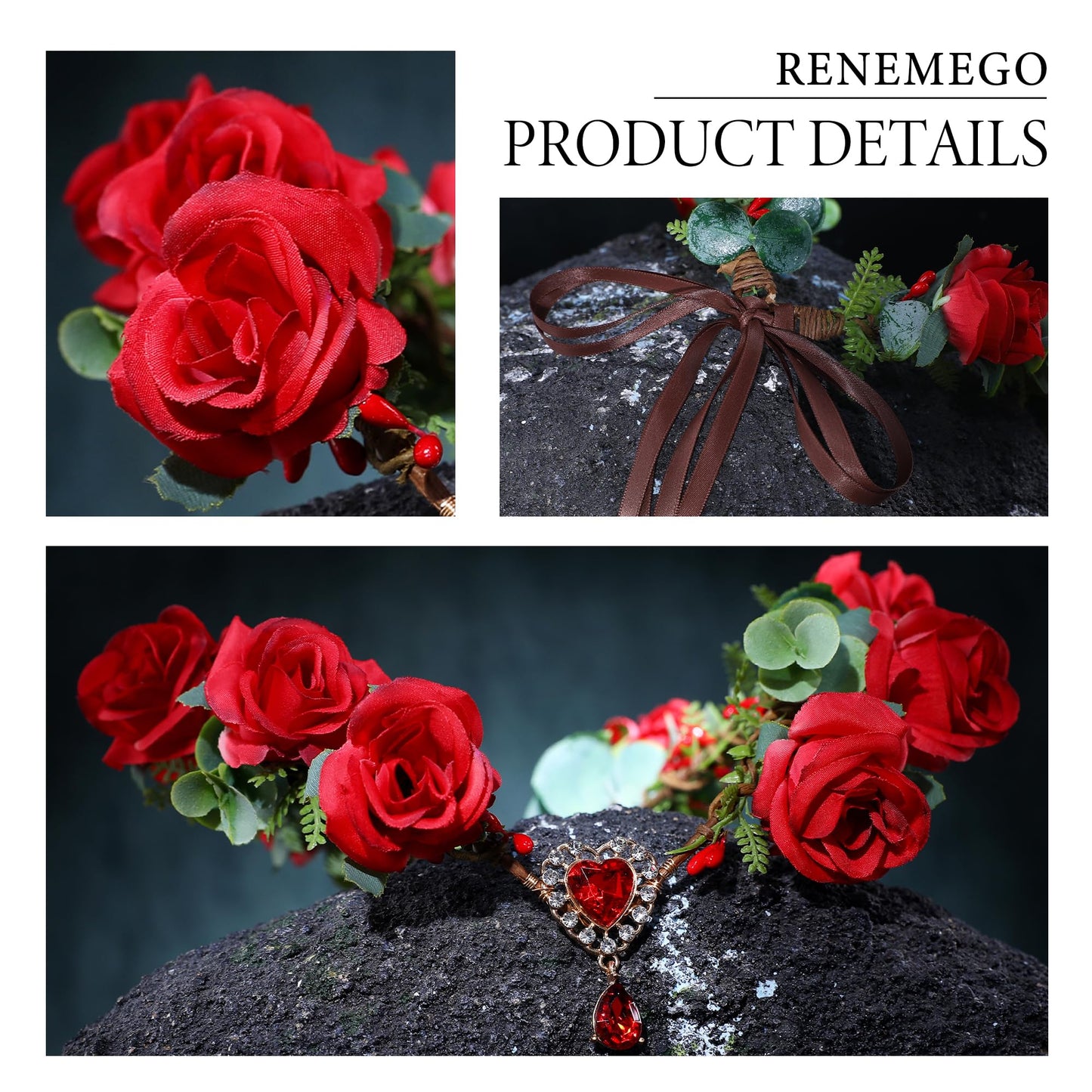 RENEMEGO Red Flower Fairy Crown - Handmade Flower Crown Elf Rose Floral Headpiece with Heart Crystal Boho Forest Hair Wreath Headband for Women Girls Cosplay Party Wedding Dress up Accessories