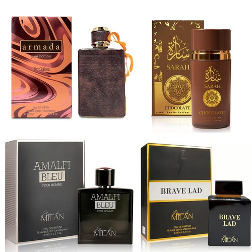 A CENTER Men's Cologne Gift Set of 4(MilanAmalfi&BraveL&SarahCho&ArmadaM) - 3.4 Fl Oz Each | Vanilla Bourbon, Leather & Amber Floral Fragrance | Luxury Eau de Toilette