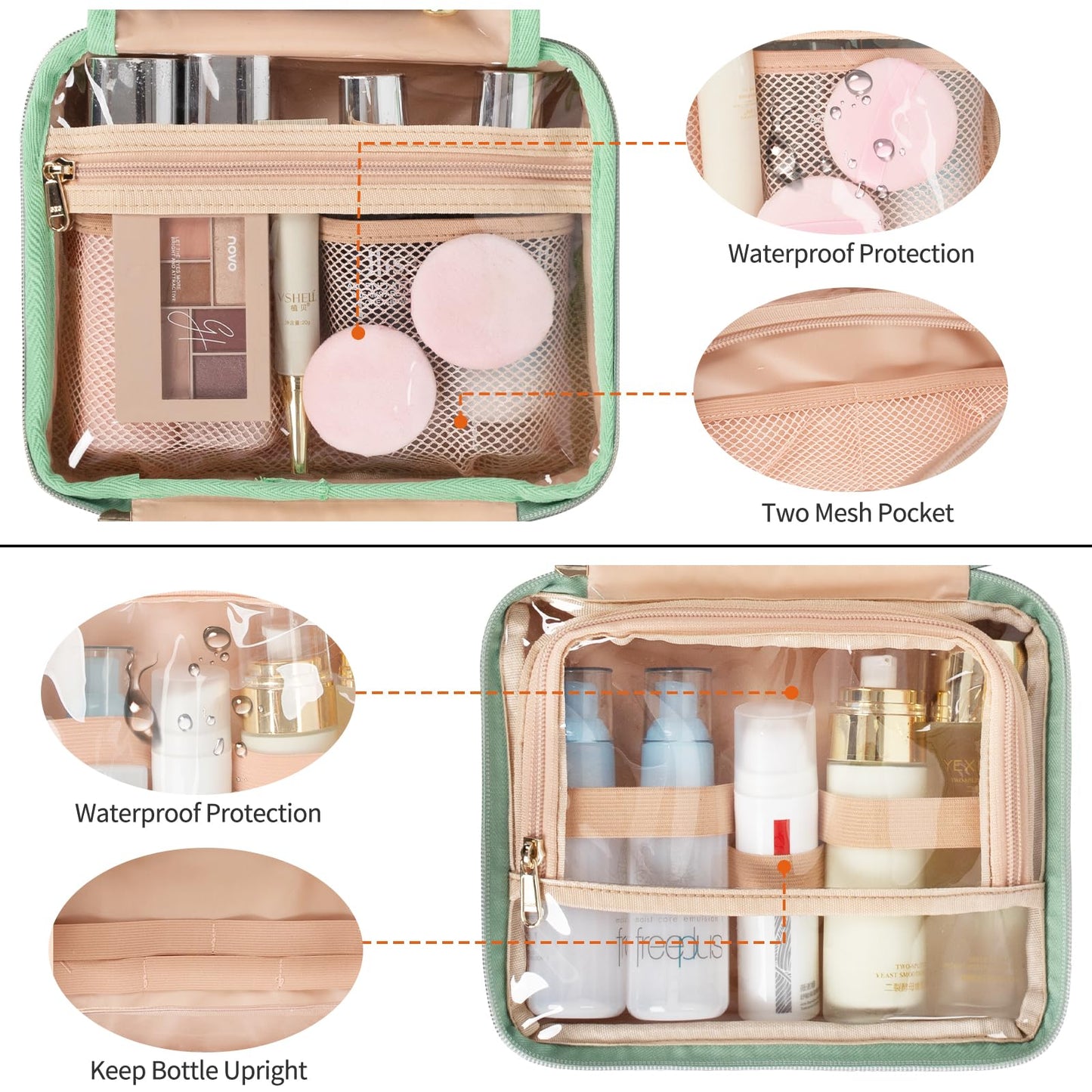 CUBETASTIC Hanging Travel Toiletry Bag, Portable Green Makeup Bag with Handle, 3 Compartment Small Travel Bag for Toiletries Waterproof Leather Cosmetic Organizer Pouch with 360° Hook