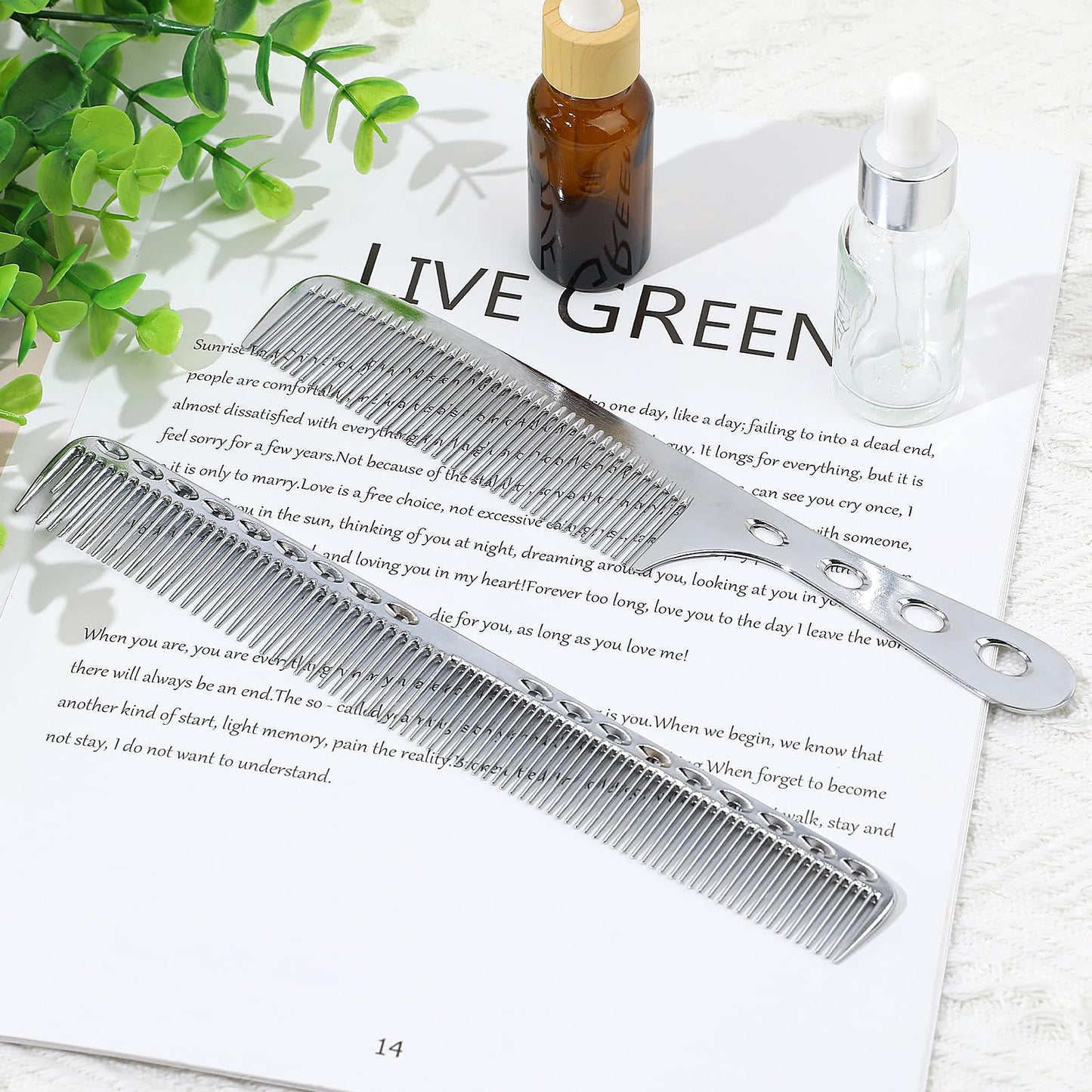 Metal Hair Comb, 2 Pcs Space Aluminum Styling Comb Set Professional Flat Iron Fine Tooth Comb Alloy Metal Hair Cutting Comb Anti-static Hairdressing Comb Parting Comb for Women Men Barber Supplies