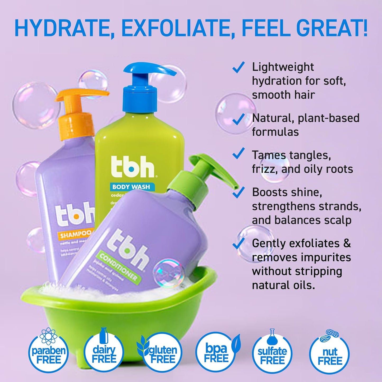 TBH Kids & Teen Hair and Body Care Set - Natural Shampoo, Conditioner & Body Wash - 3-Pack, 12 oz Each