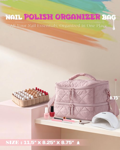 Marscamd Quilted Nail Polish Organizer Bag Holds 42 Bottles and Nail Lamp, Nail Polish Storage Case with Crossbody Straps and Multiple Pockets, Pink