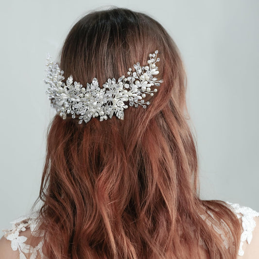 Flower Bridal Hair Combs Pearl Crystal Bride Wedding Hair Accessories Rhinestone Hair Piece Headpieces for Bride Bridesmaid Wedding Women and Girls (S8701 Silver)