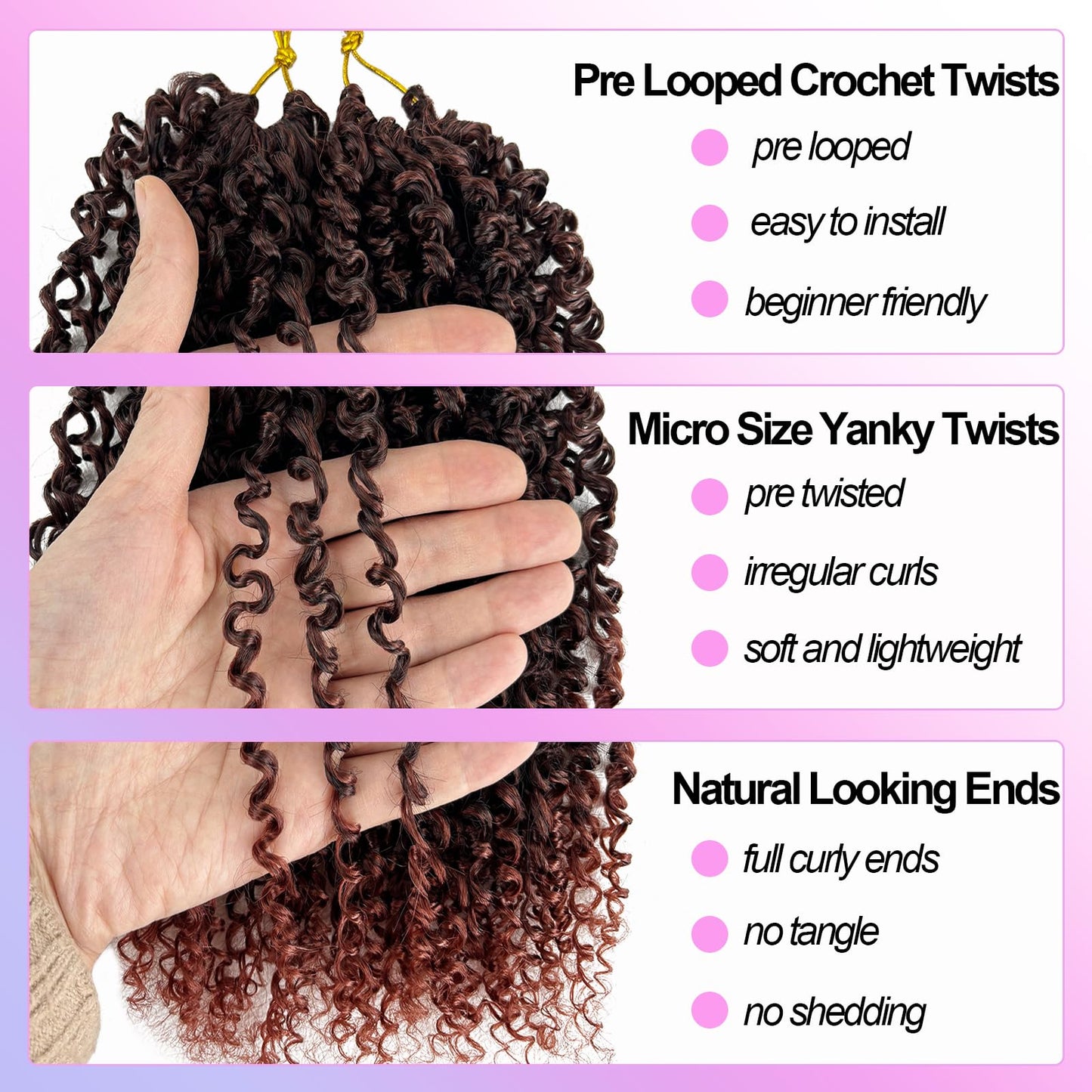 Yanky Twist Crochet Hair Pre Looped 8 Inch Mini Twist Crochet Braids Hair 1B 350 Ombre Red Copper Micro Senegalese Twists crochet hair Pre-looped Synthetic Curly Braiding Hair Extension