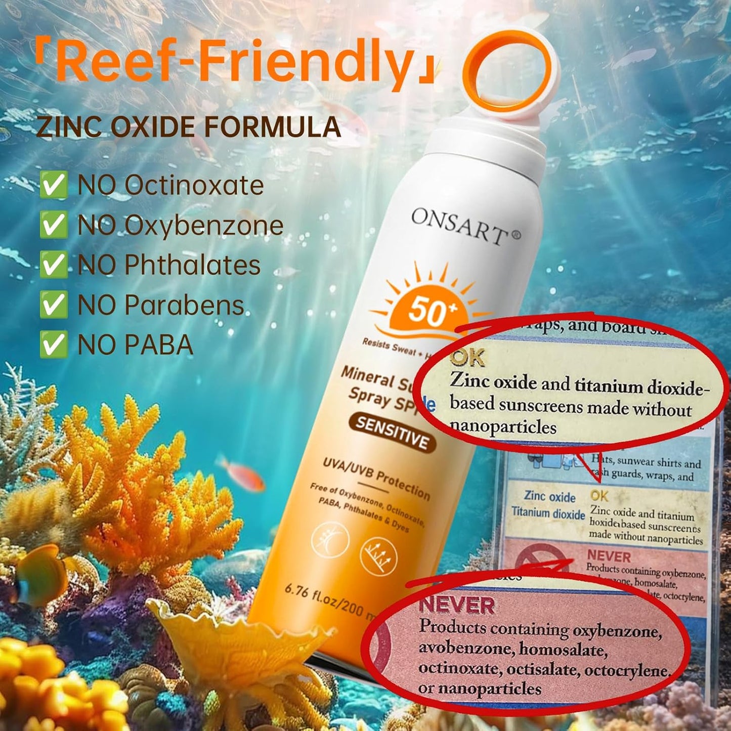 Skiennix Mineral Sunscreen Spray SPF 50+ - Reef Safe, Zinc Oxide, Water Resistant, 6.76 fl Oz (Pack of 2)