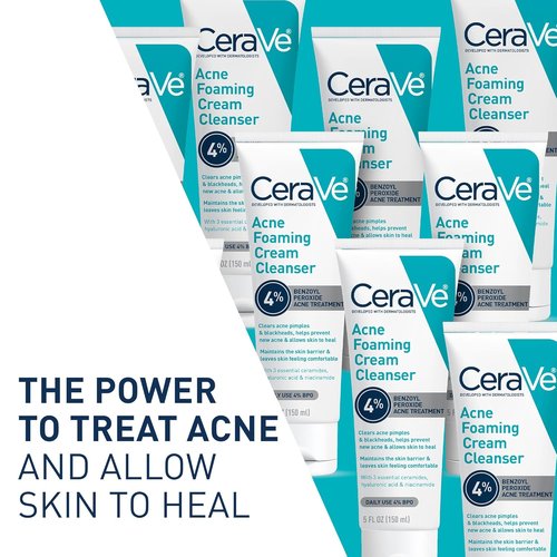 CeraVe Acne Foaming Cream Cleanser - 4% Benzoyl Peroxide Face Wash with Hyaluronic Acid & Niacinamide