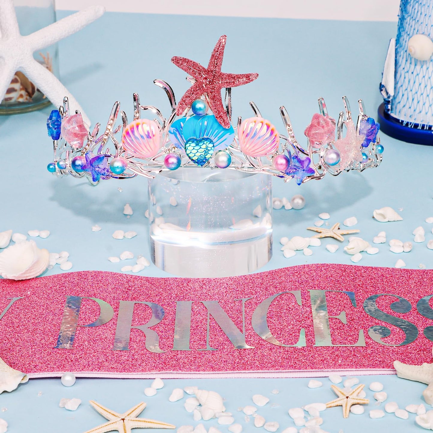 GAFATORY Pink Mermaid Crown and Sash for Women Birthday Crown and Sash for Birthday Princess Mermaid Adult Crown Ocean Theme Mermaid Birthday Decoration Birthday Gift Seashell Fishtail Crown Halloween